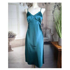 JAPNA Teal Green Satin Midi Slip Dress V-Neck Ruffle Trim SZ SMALL NWT $85